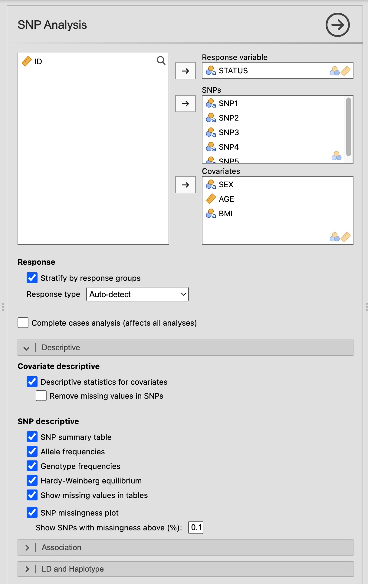 Figure 1 – SNP Analysis options panel